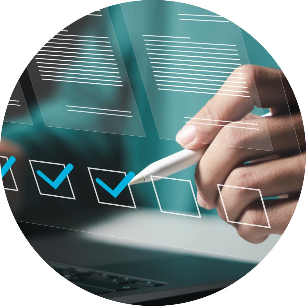 Hand with electronic pencil marking checkboxes on a transparent display